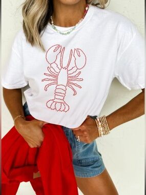 1197. Rhinestone lobster short sleeve summer t-shirt